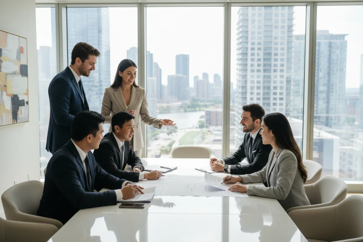 A diverse group of real estate professionals in business attire, standing in a modern office with large windows, discussing property documents. The team includes men and women of various ages and ethnicities, all smiling and engaged. The background features cityscape views and contemporary decor.