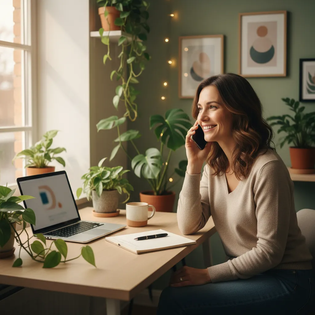 A woman in her 30s sits at a tidy desk with a laptop and notepad, speaking on the phone and smiling. The office is decorated with plants and soft lighting, creating a friendly and approachable atmosphere for client communication.