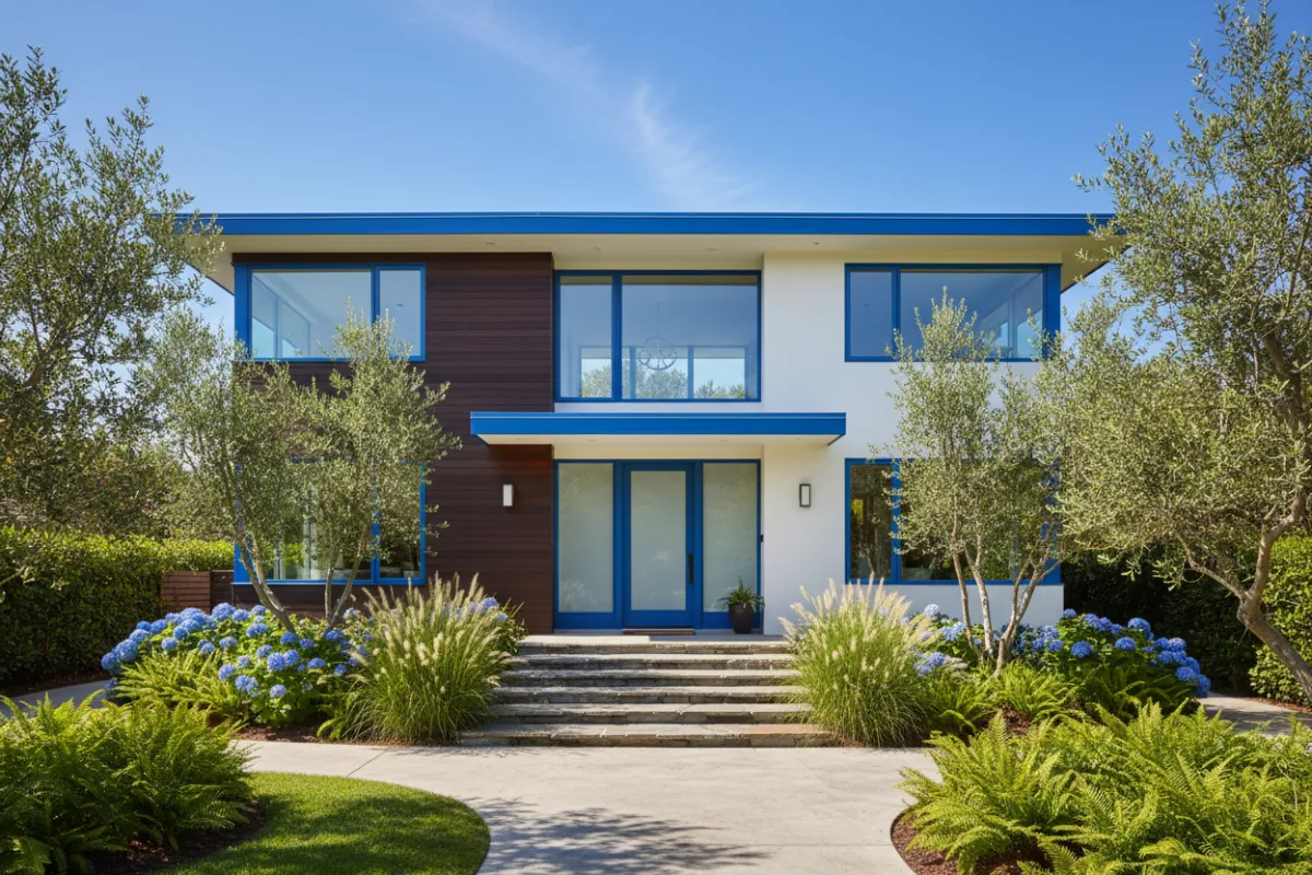 Modern residential property with blue accents, lush landscaping, and a welcoming entrance under a clear sky