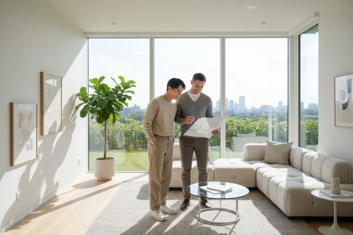 A young couple stands in a sunlit modern living room, smiling as they review home plans with a real estate agent. The space features large windows, minimalist decor, and a welcoming atmosphere, evoking excitement and trust in the home buying process.