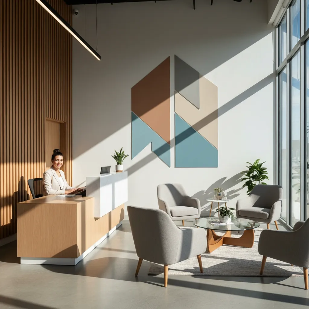 Reception area of a modern property office, with a welcoming receptionist, comfortable seating, and branded signage on the wall