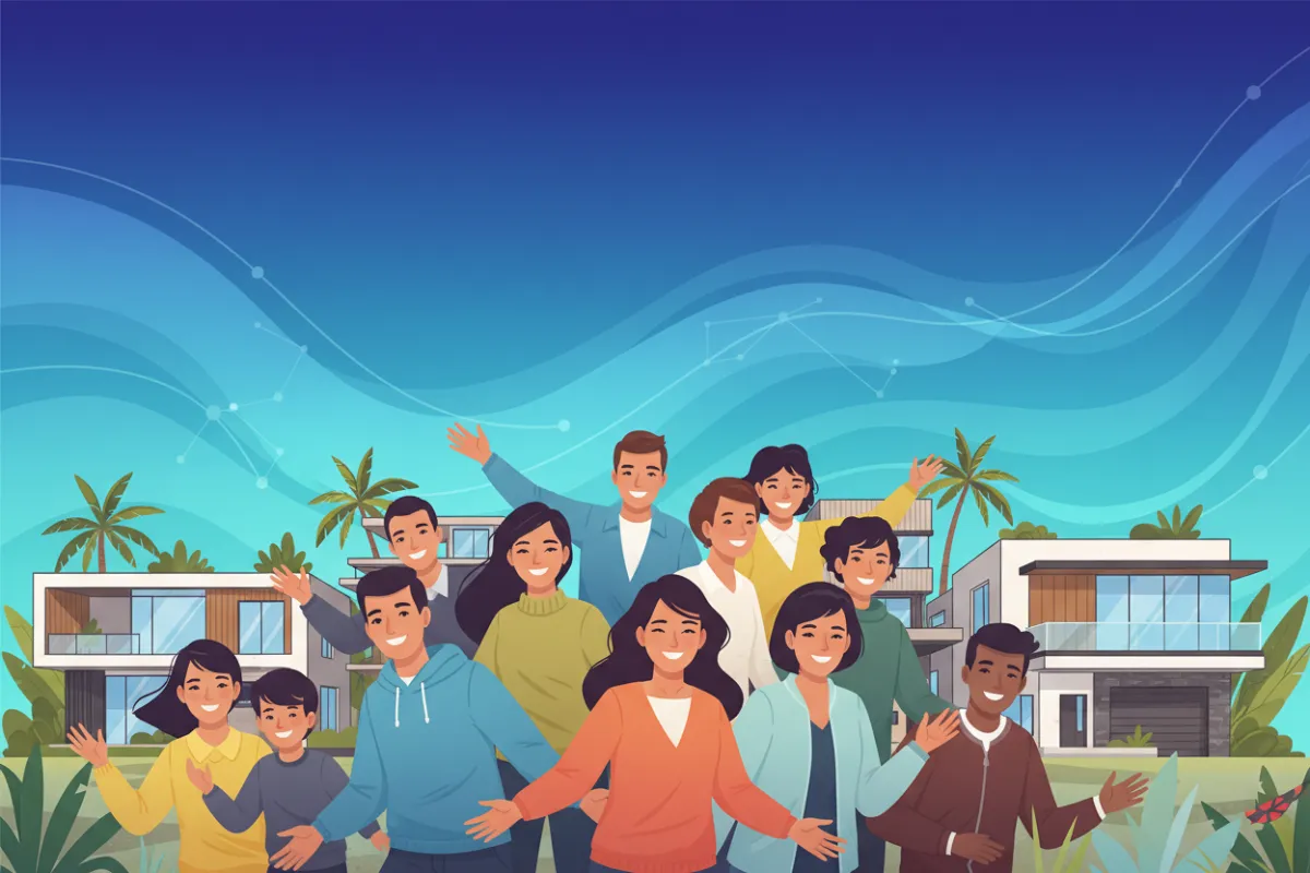 A vibrant digital illustration of a diverse group of people standing in front of modern homes, with stylized blue and teal gradients in the sky, symbolizing unity and trust. The composition is dynamic, with smiling faces and open body language, reflecting Kea’s welcoming ethos.