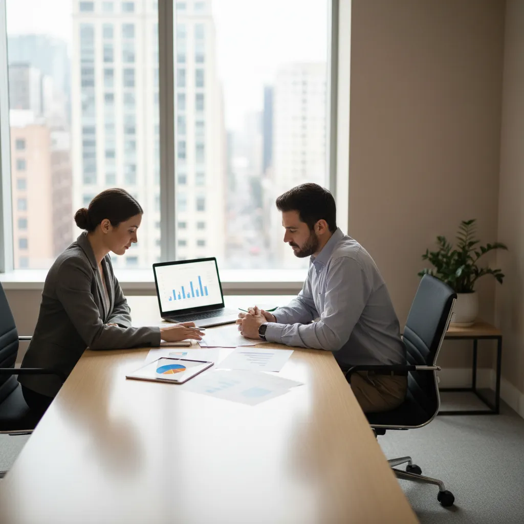 A property consultant meets with a client in a private office, reviewing documents and digital charts. The setting is calm and professional, with neutral tones and minimal decor. Both individuals are focused, highlighting the personalized nature of the consultation.