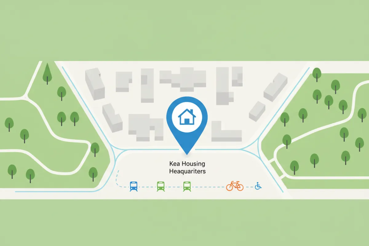 Detailed map illustration showing Kea Housing headquarters marked with a blue pin, surrounded by city blocks, parks, and nearby public transport icons. The map is clean, modern, and easy to read, with a focus on accessibility.