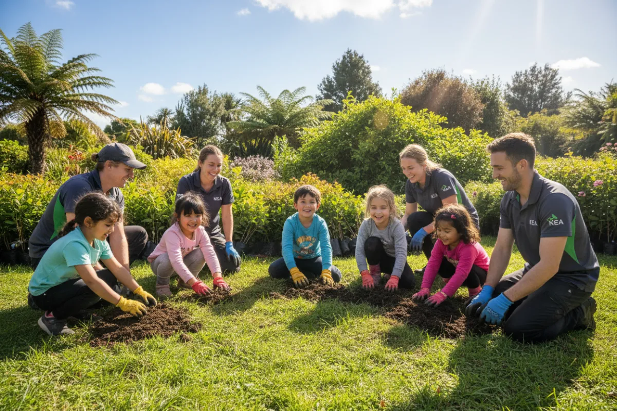 Photo of Kea team members planting native trees with local children in a community park, everyone smiling and engaged, with lush greenery and clear skies.