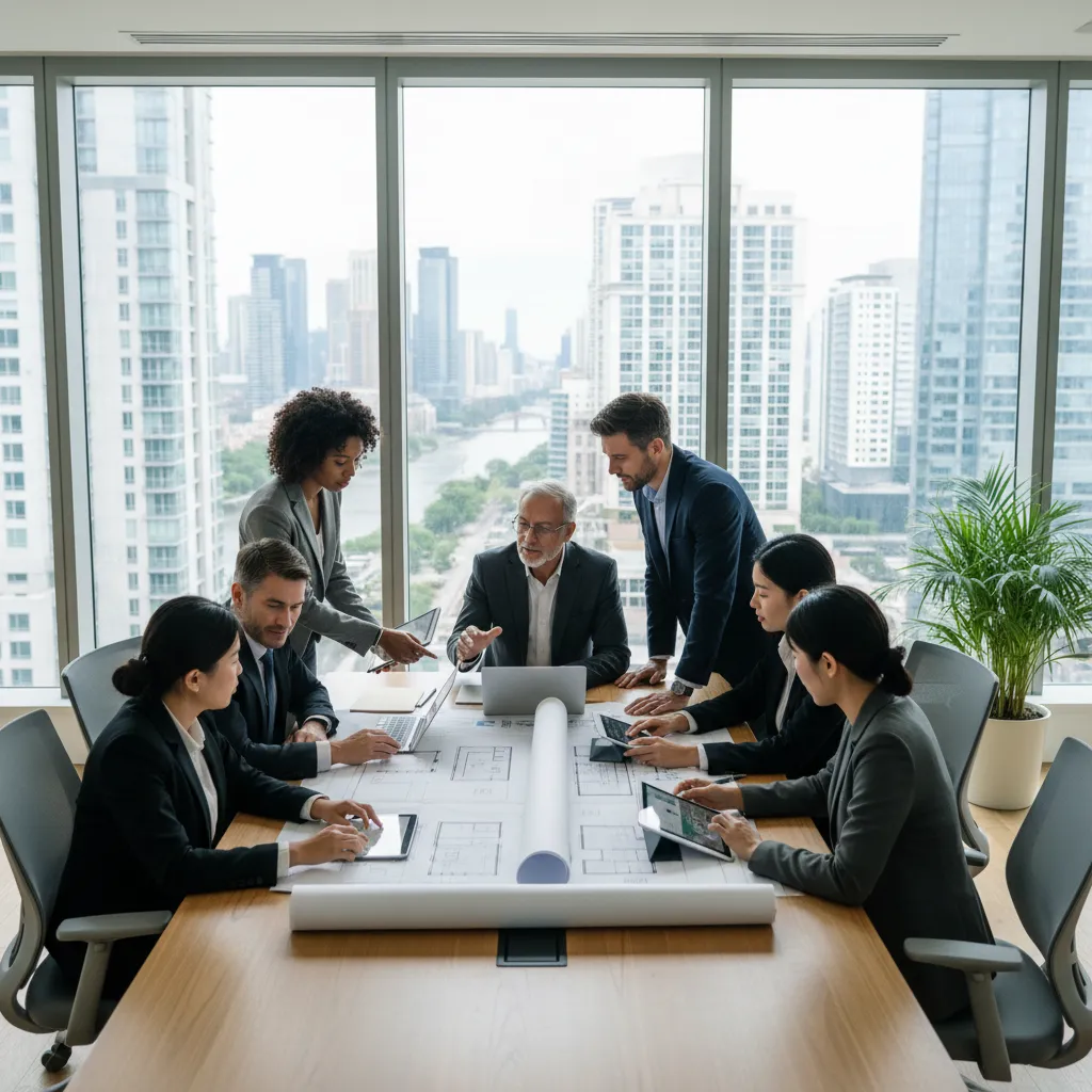 A diverse team of real estate professionals collaborates in a bright, modern office, reviewing property plans and digital documents. Large windows reveal a cityscape in the background. The group includes men and women of various ages and ethnicities, all engaged and focused.