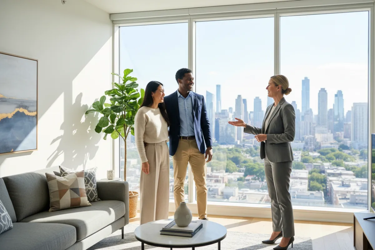 Young professional couple touring a bright rental apartment with an agent, modern decor and city views through large windows