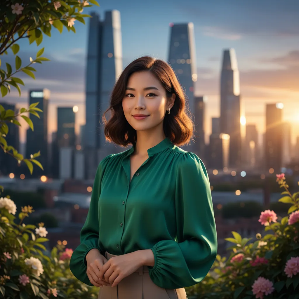 Portrait of a young Asian woman with short hair, wearing a green blouse, standing outdoors with a cityscape in the background.