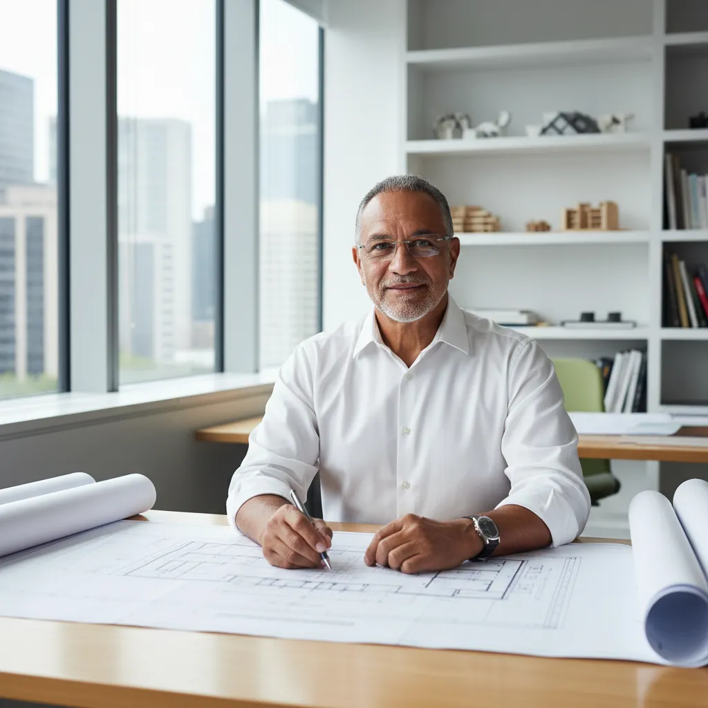 Portrait of a middle-aged Māori man with glasses, wearing a white shirt, seated at a desk with architectural plans visible.