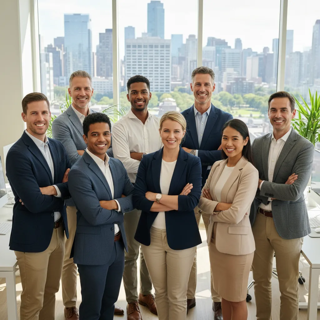 A diverse team of real estate professionals stands together in a bright office, each person smiling and dressed in business casual attire. The background features large windows and city views, reflecting a collaborative and welcoming company culture.