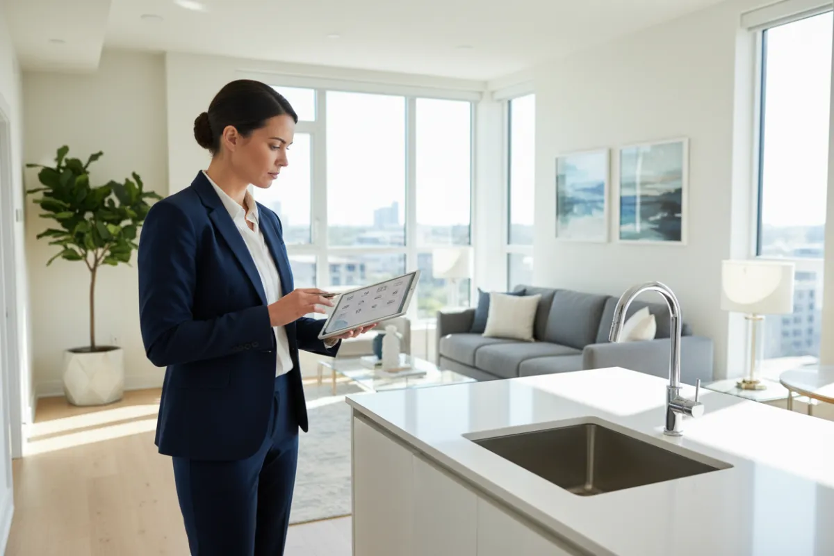 A property manager conducts an inspection in a sunlit apartment, holding a digital tablet. The space features modern furnishings and large windows. The manager, a professional in business attire, is focused and attentive, ensuring the property is in excellent condition.