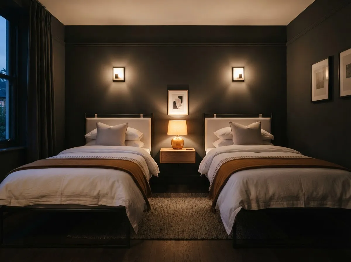 Bedroom 4 configured with two single beds and warm lighting