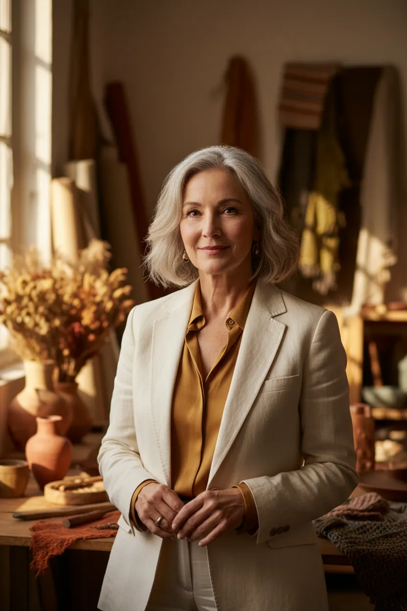 Portrait of a senior design director in a sunlit studio, half-body, warm tones, artisanal materials blurred in background, editorial portrait emphasizing experience and refined taste.