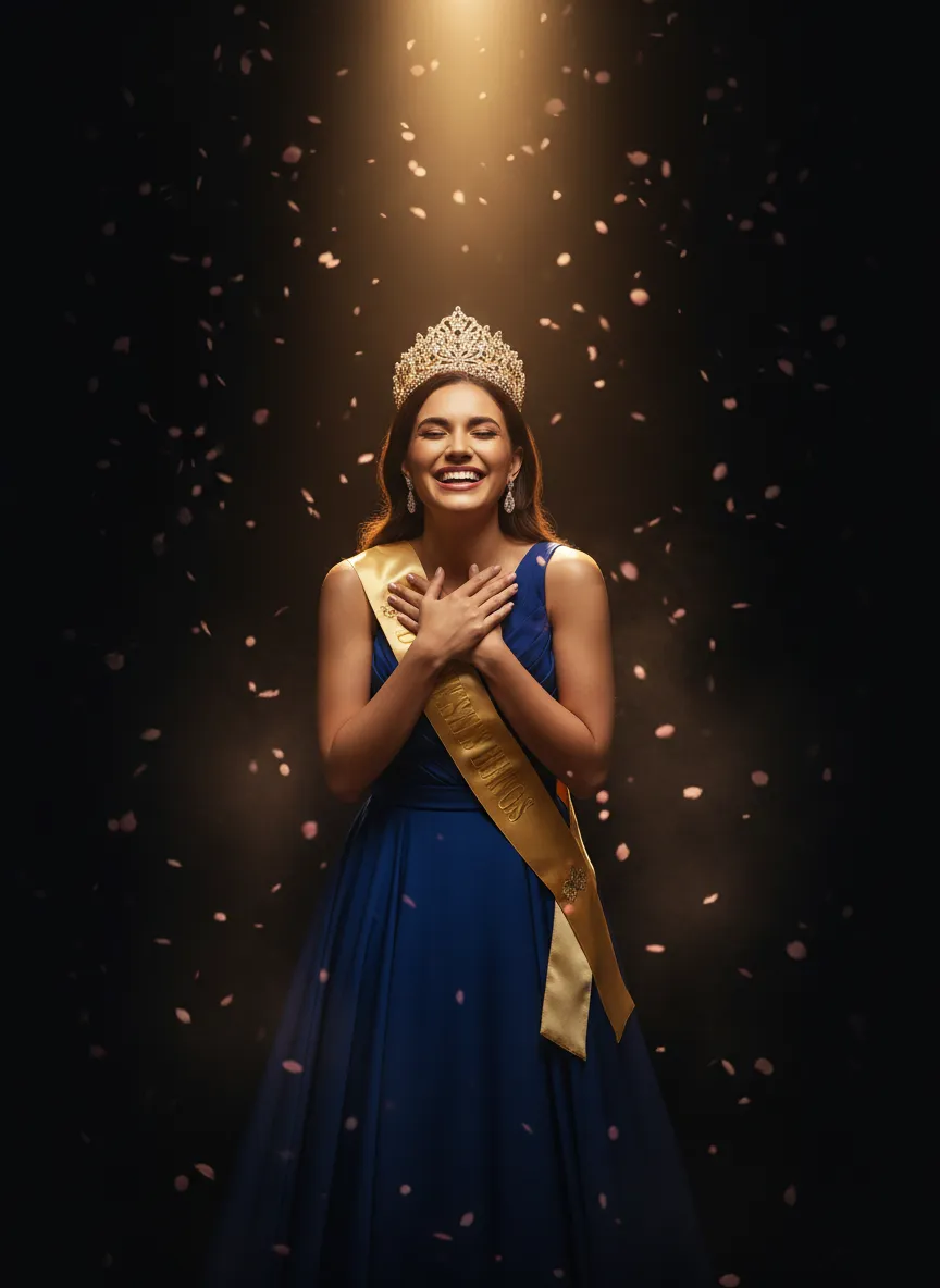 Pageant winner in elegant gown celebrating victory