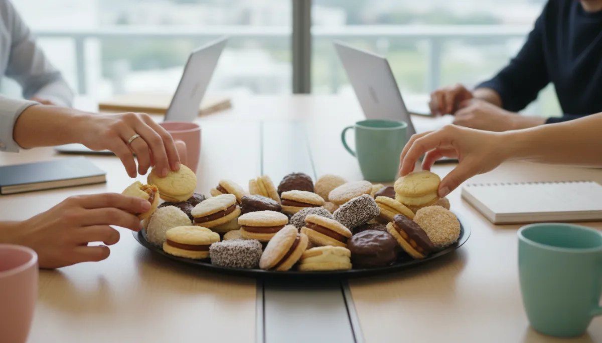 Bandeja de alfajores en oficina durante un coffee break