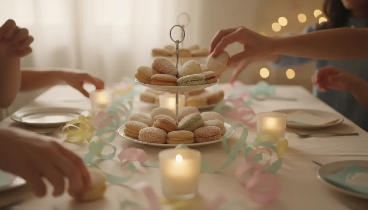 Mesa de fiesta con alfajores, velas y decoración divertida