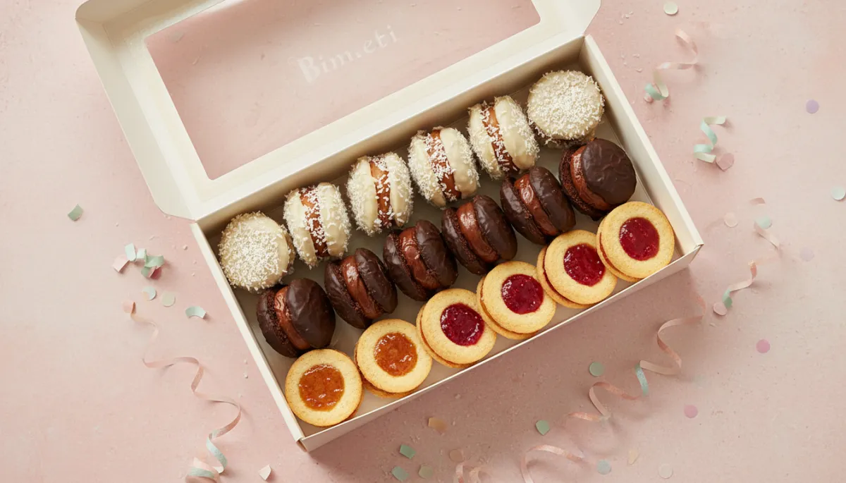 Caja de alfajores pastel abierta mostrando rellenos variados