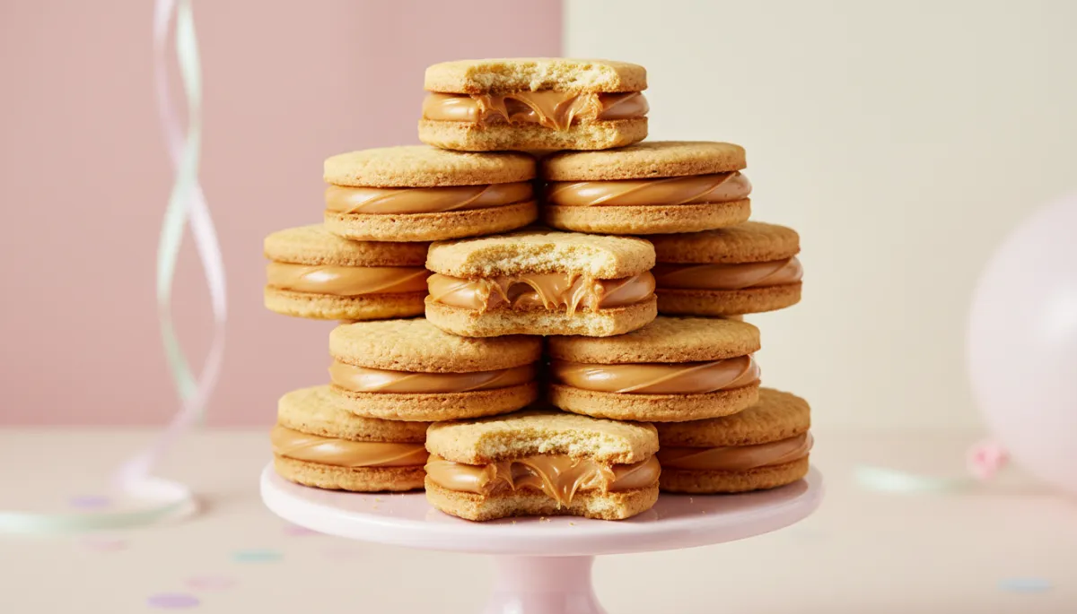 Alfajores artesanales apilados sobre un plato con fondo pastel divertido