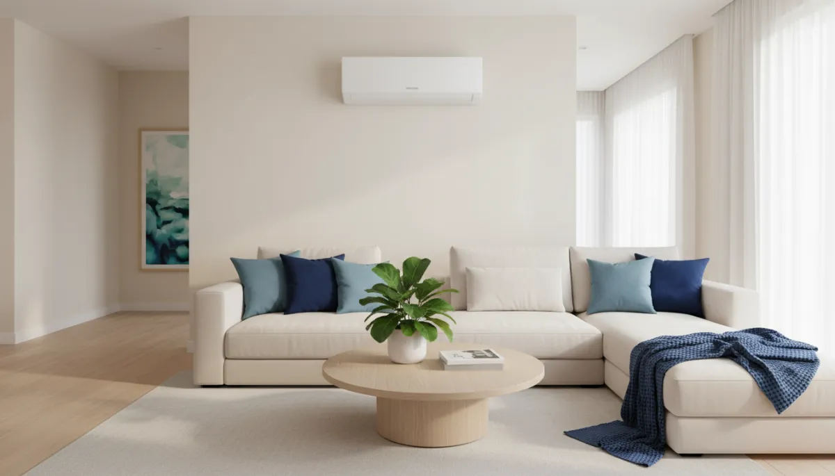Modern living room featuring a discreet and energy-efficient heat pump system