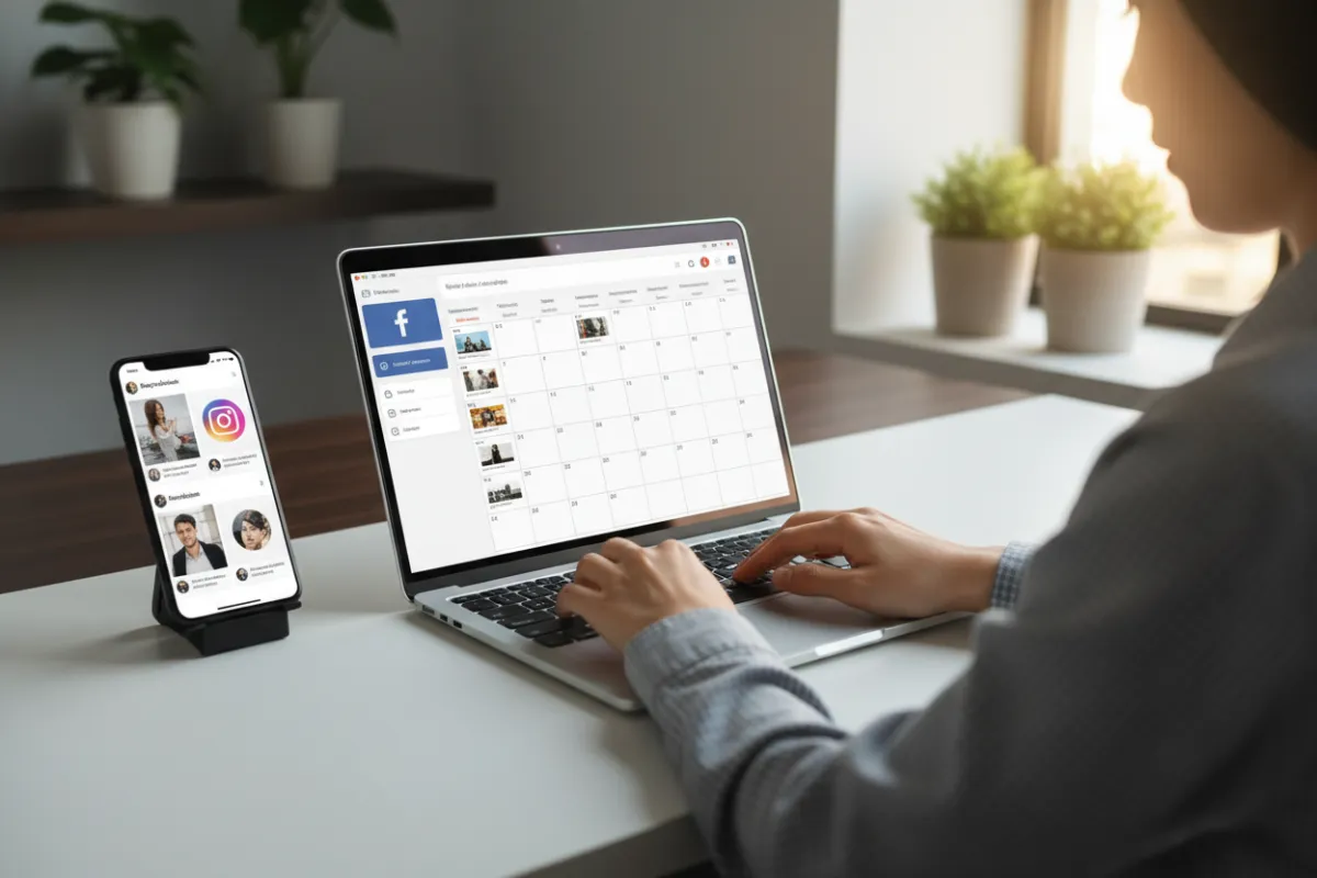 Over-the-shoulder view of a social media manager scheduling Facebook and Instagram posts on a laptop with a smartphone showing post previews, bright modern workplace, natural morning light, photorealistic 3:2 composition.
