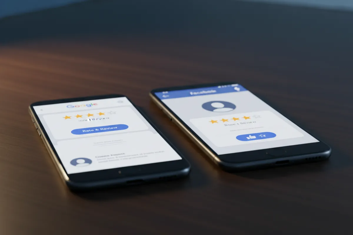Close-up of two devices side-by-side: one showing a Google review request and the other a Facebook review prompt, clean desk, soft studio lighting, high detail and legible UI elements.