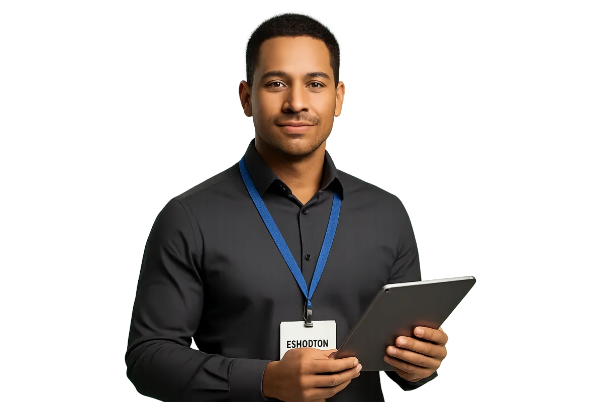 Confident trade show exhibitor holding a tablet, photorealistic, transparent background