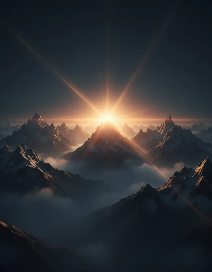 Sunlight breaking over a mountainous horizon