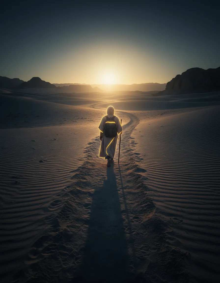 A person walking through a vast, sunlit desert path