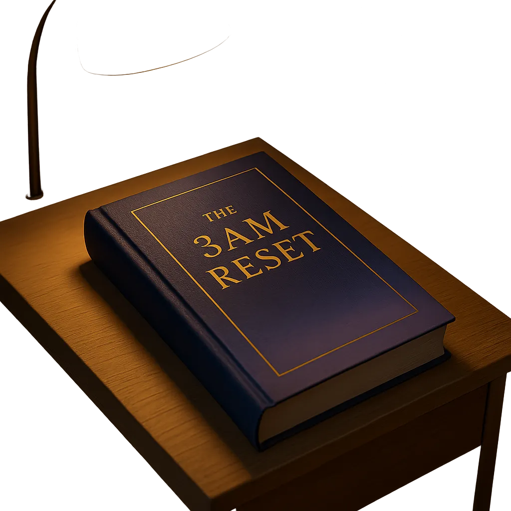 The 3AM Reset guide mockup on a warm, dimly lit bedside nightstand in a serene bedroom