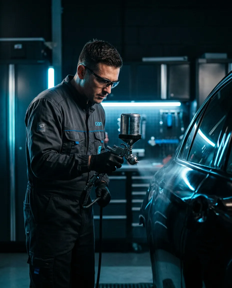 Técnico especialista aplicando pintura automotriz de alta precisión en cabina presurizada