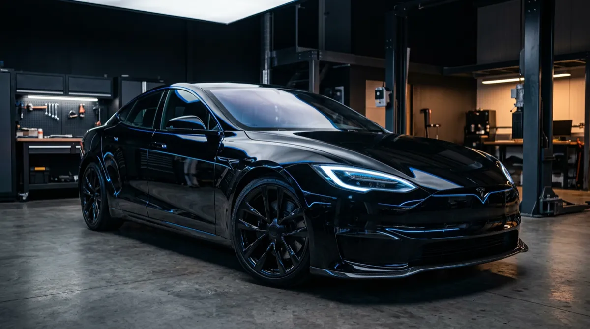 Vehículo con acabado de pintura automotriz brillante y reflejos de luz de taller