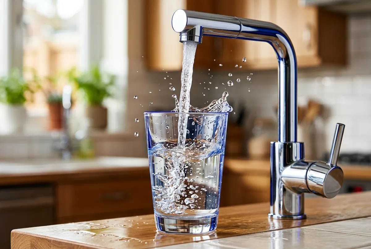 Clear glass of filtered tap water being filled at a modern kitchen faucet