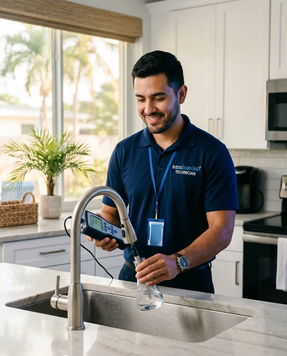 Friendly professional technician conducting on-site water quality assessment with precision diagnostic tools