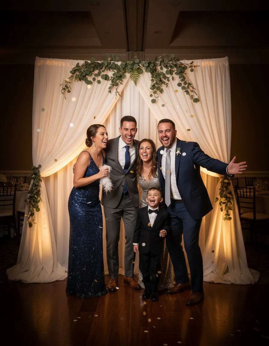 Wedding guests laughing in front of a photobooth backdrop.