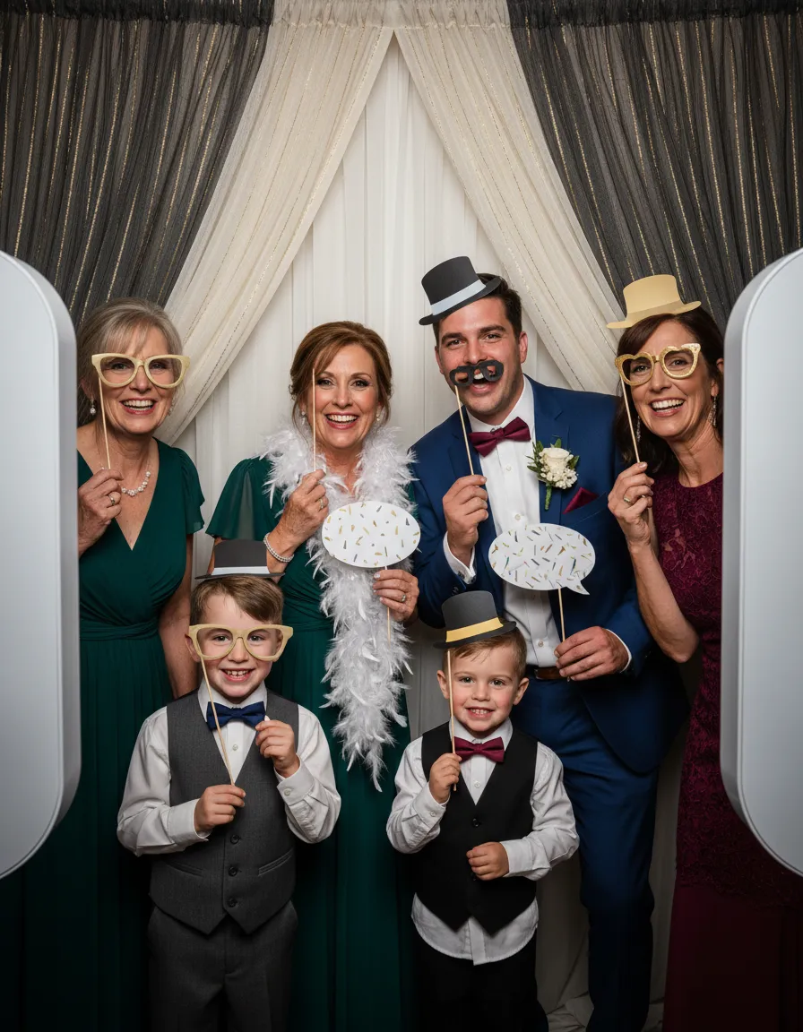 Guests holding fun props and posing for a photobooth shot.