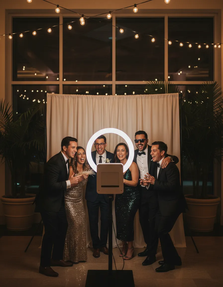 Guests posing and laughing in a modern photobooth setup by Nova Luxe Events in Orlando.