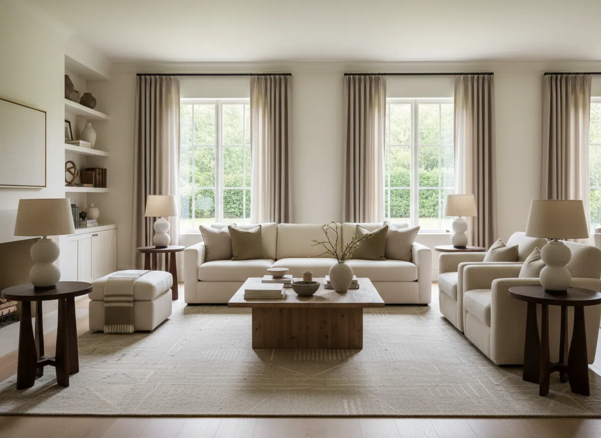 Residential interior design with layered textures and custom furnishings