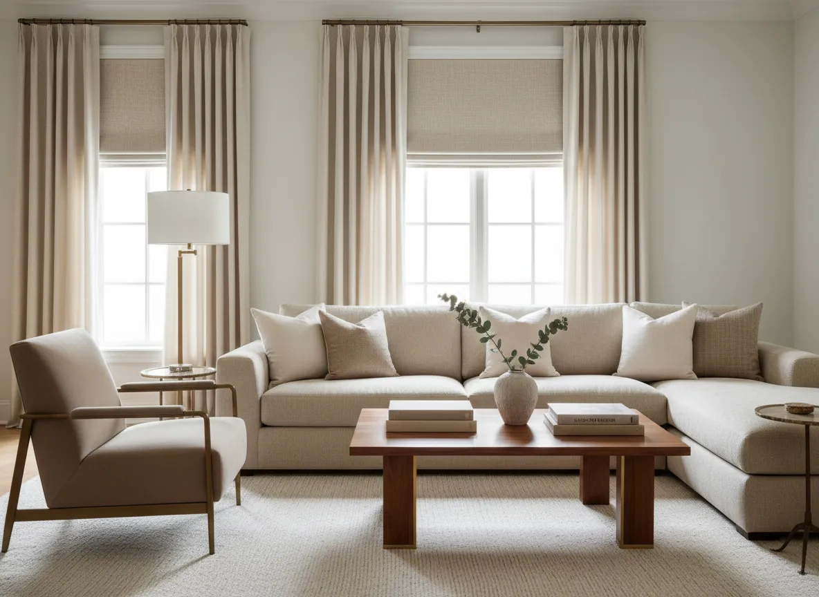 Styled interior living space with custom drapery