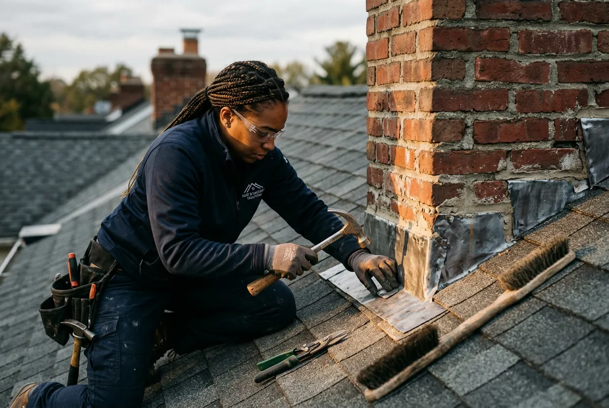 Roof technician performing precision flashing restoration around masonry chimney