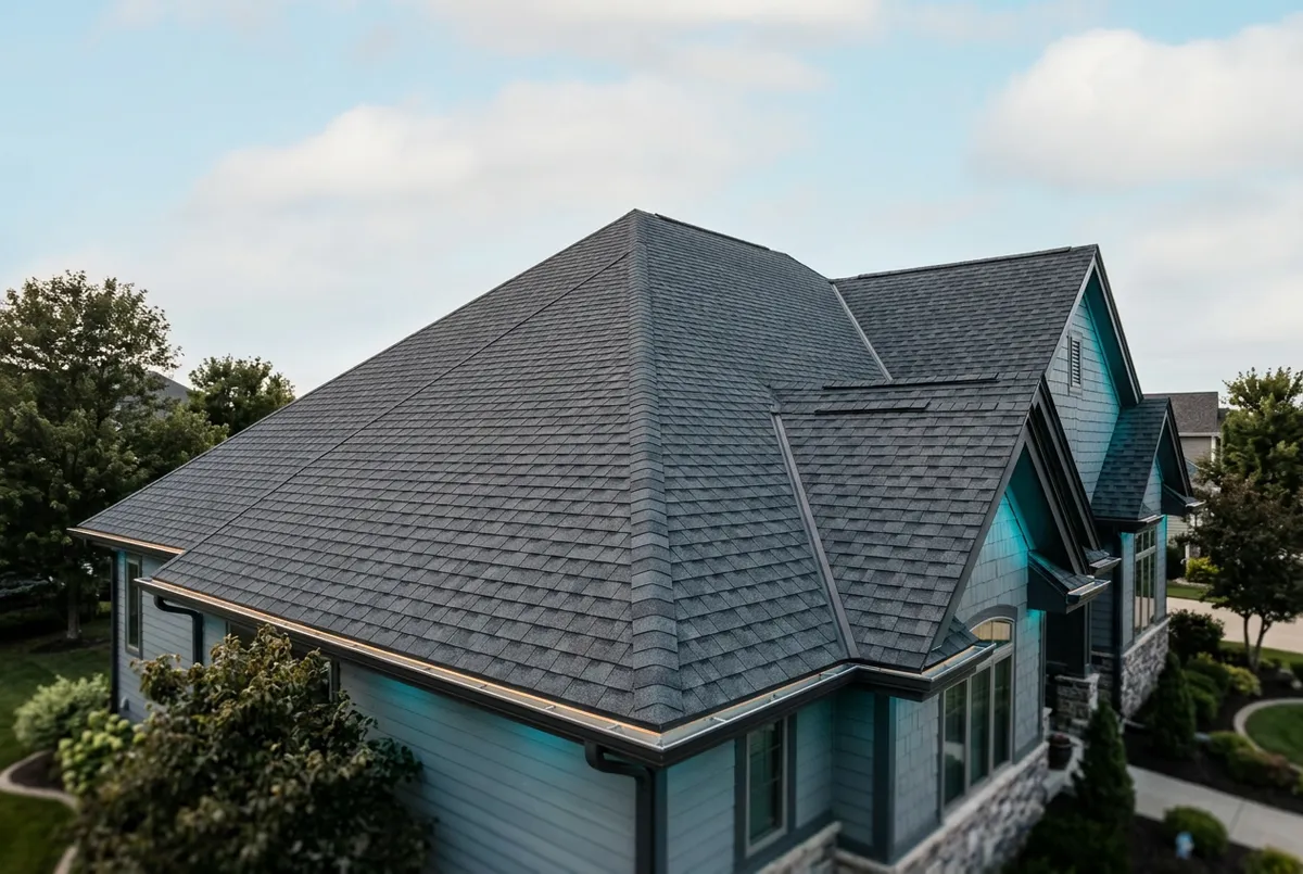 Pristine residential architectural shingle roof with precision ridge caps