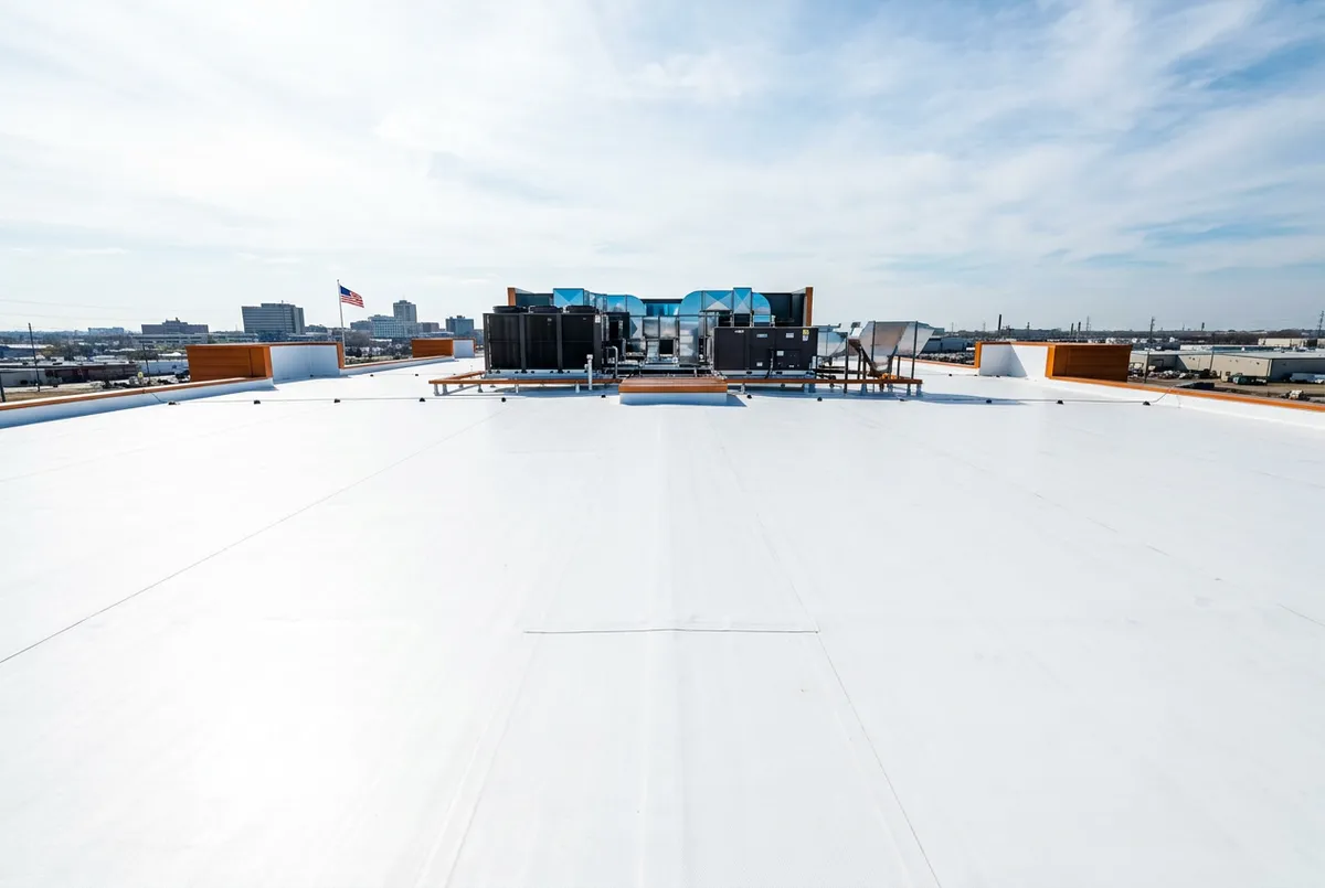 Commercial flat roof membrane installation with parapet structural detail