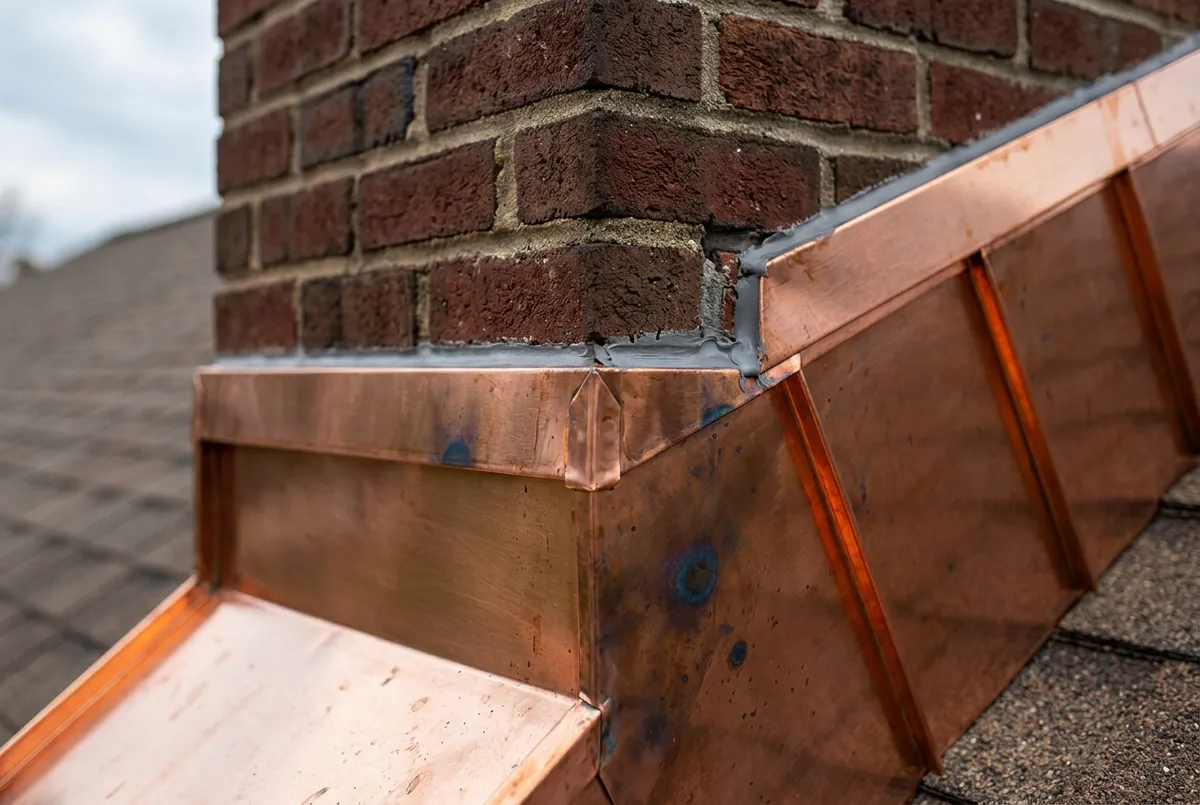 Roof repair technician conducting structural flashing and shingle remediation