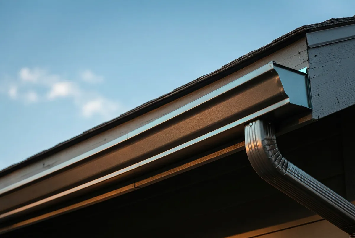 Seamless heavy-gauge gutter system installation along residential roof fascia