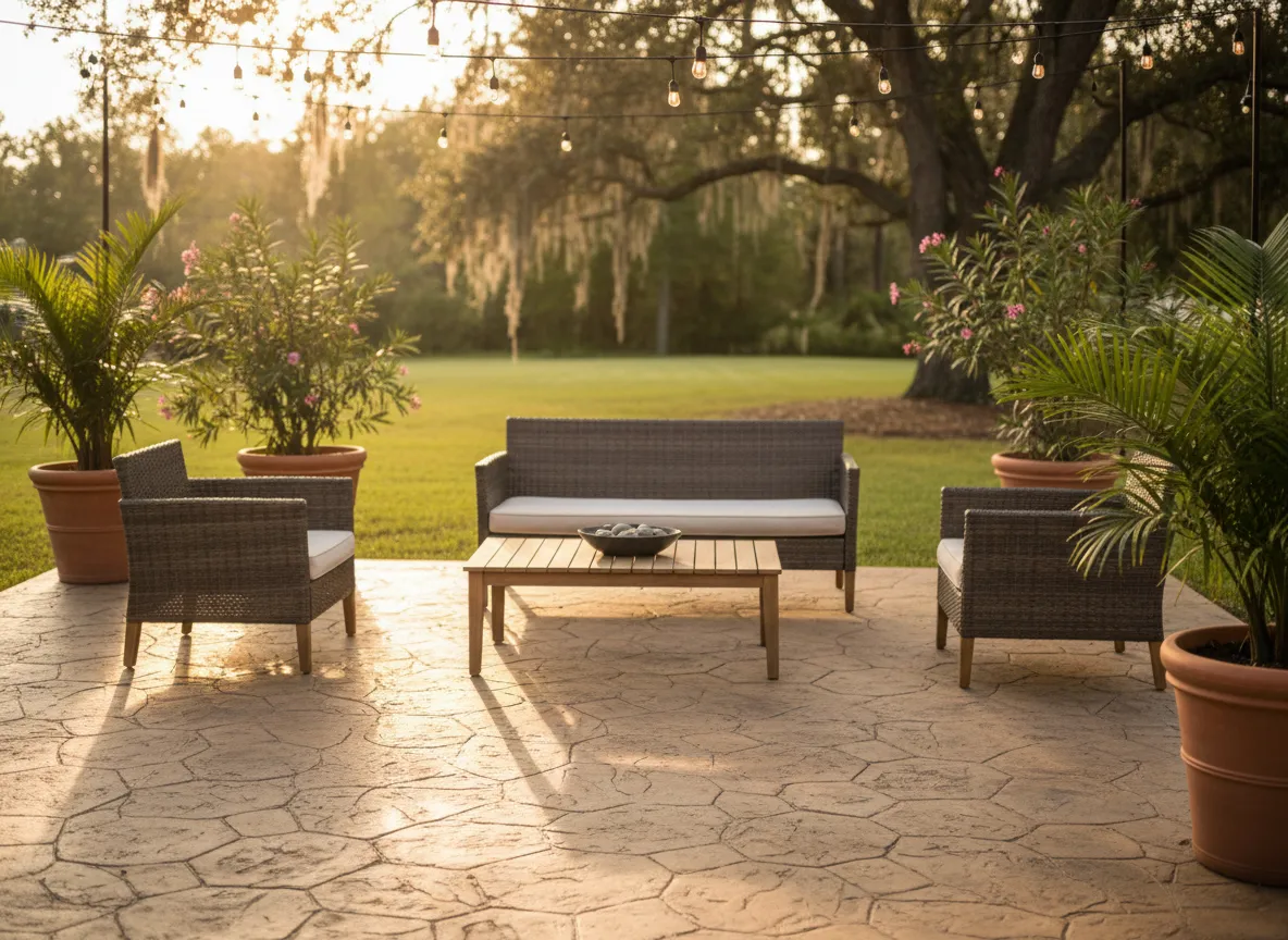 Stamped concrete patio in Jacksonville backyard