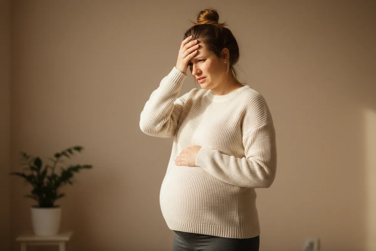 High-resolution photograph of a frustrated pregnant woman seated, with natural lighting, an empathetic but clearly frustrated expression, neutral uncluttered background, and a 3:2 landscape composition suitable for a hero column.
