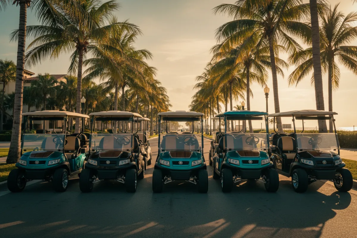 Row of customized luxury golf carts in Naples Florida