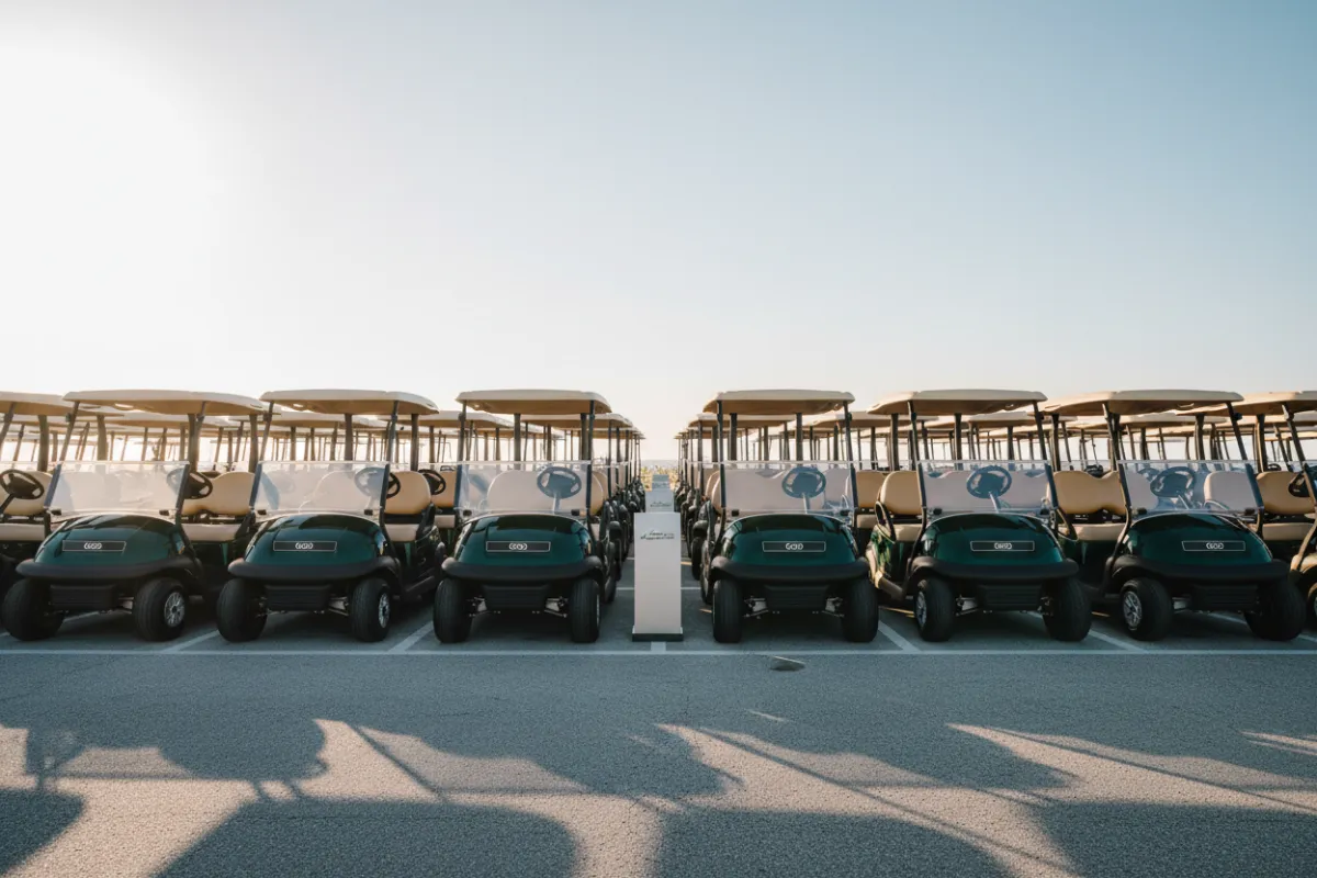Bright high-exposure golf cart dealership lot in Florida
