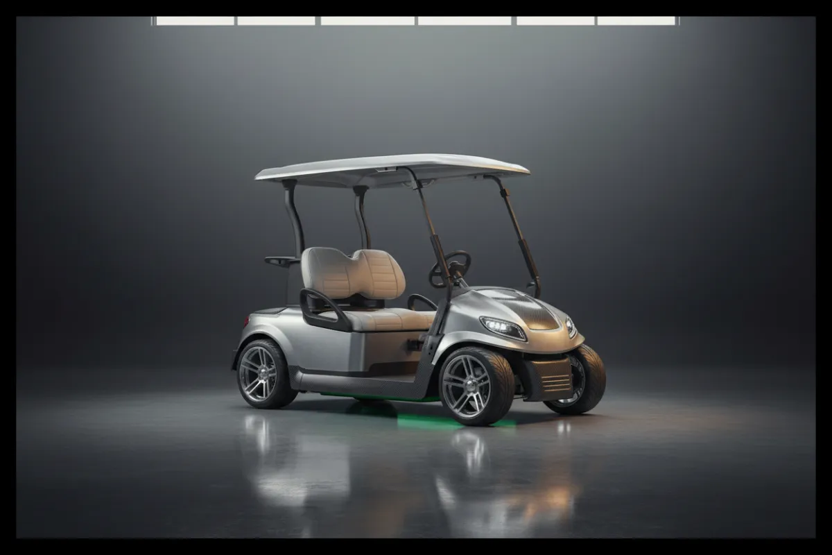 Sleek modern golf cart displayed in a Florida showroom