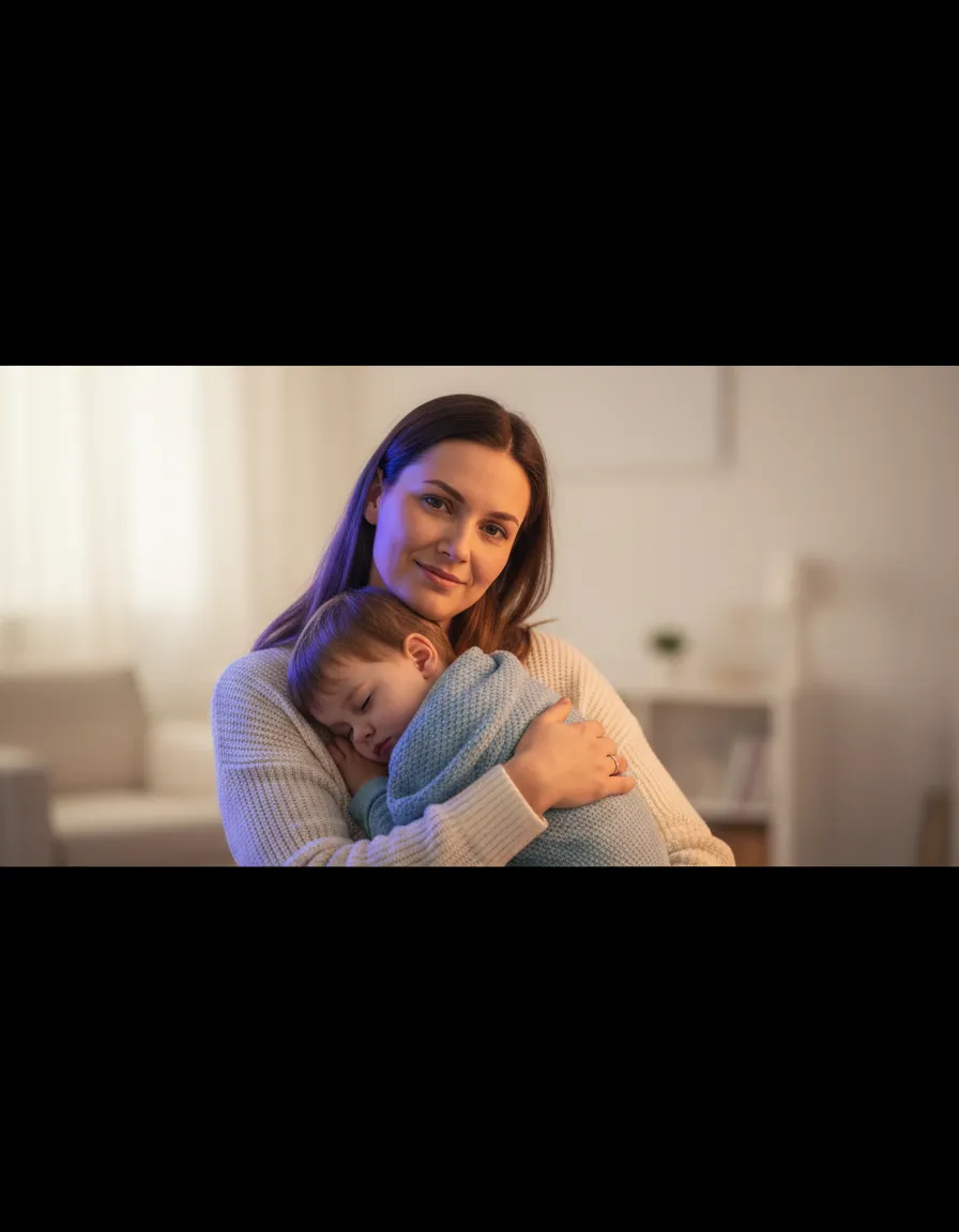 Overwhelmed but supported parent holding child