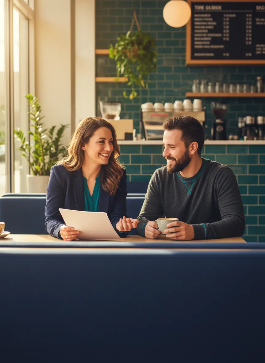 A relaxed, no-pressure consultation over coffee, highlighting our simple approach.